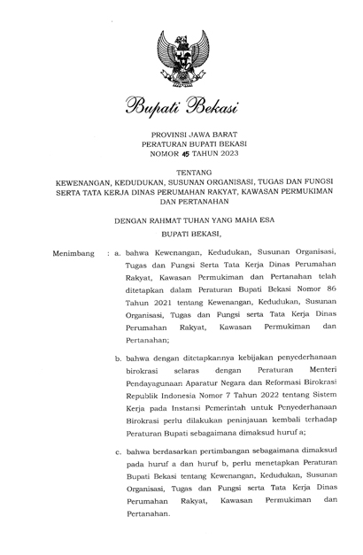 Peraturan Bupati Bekasi Nomor 45 Tahun 2023